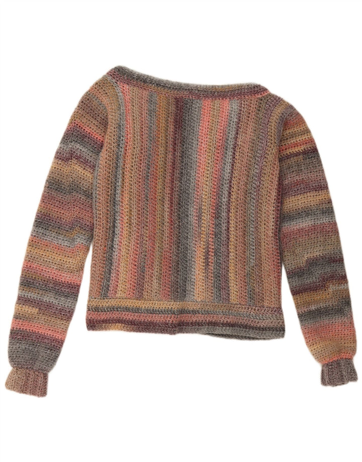Suéter cardigã aberto feminino vintage Reino Unido 14 listrado médio multicolorido