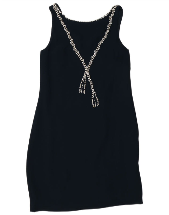 Vestido feminino MONSOON sem mangas com bainha Reino Unido 10 pequeno azul marinho viscose