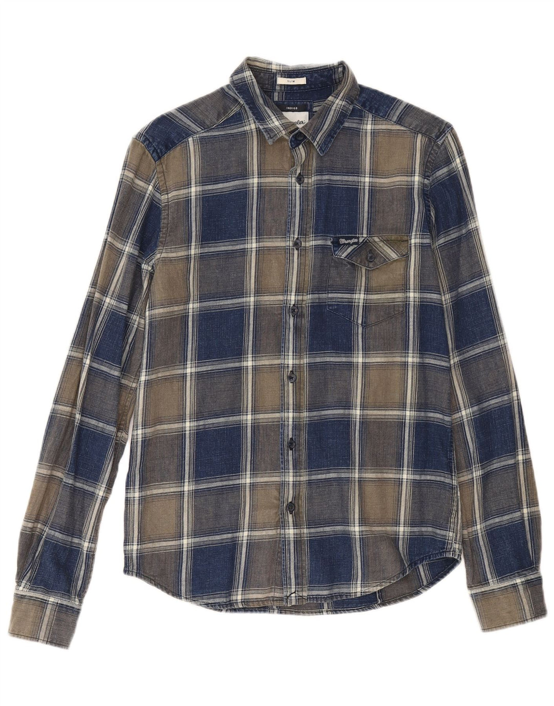 Wrangler Camisa masculina de flanela fina xadrez Indigo pequena xadrez azul marinho