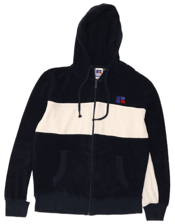 Russell Athletic Mens Suéter com capuz e zíper pequeno azul marinho algodão colorblock
