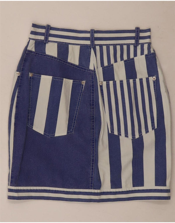 Mini saia lápis feminina vintage Reino Unido 8 pequena W26 algodão listrado azul marinho