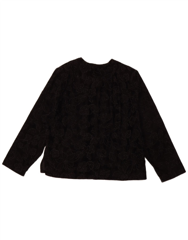 Blusa feminina VINTAGE de manga comprida UK 16 grande preta floral