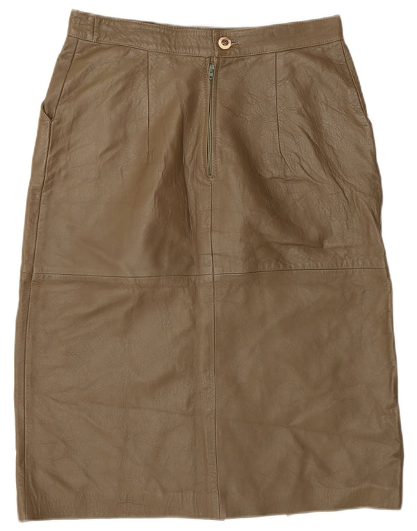 Saia de couro feminina vintage IT 44 médio W28 cáqui