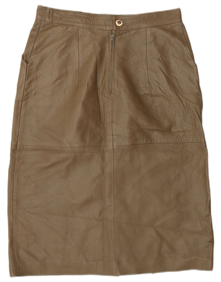 Saia de couro feminina vintage IT 44 médio W28 cáqui