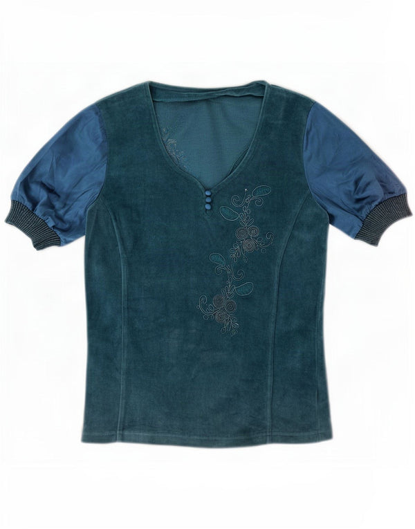 Blusa feminina de veludo vintage UK 14 algodão floral azul médio