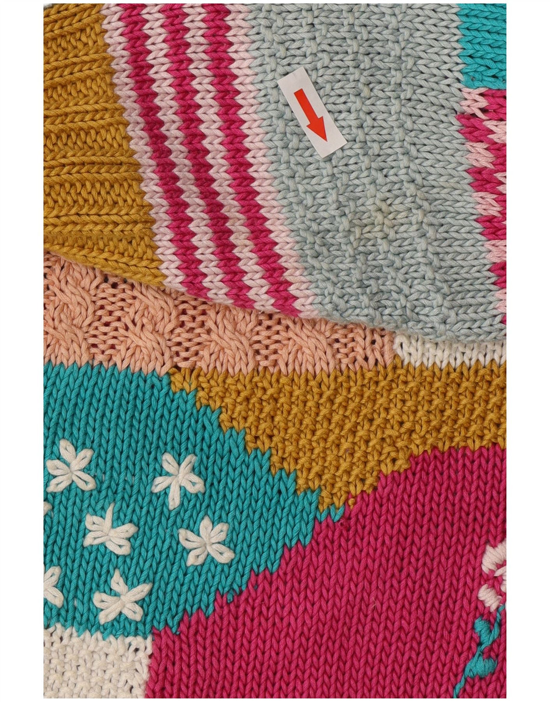 Suéter cardigã feminino vintage Reino Unido 14 grandes retalhos multicoloridos