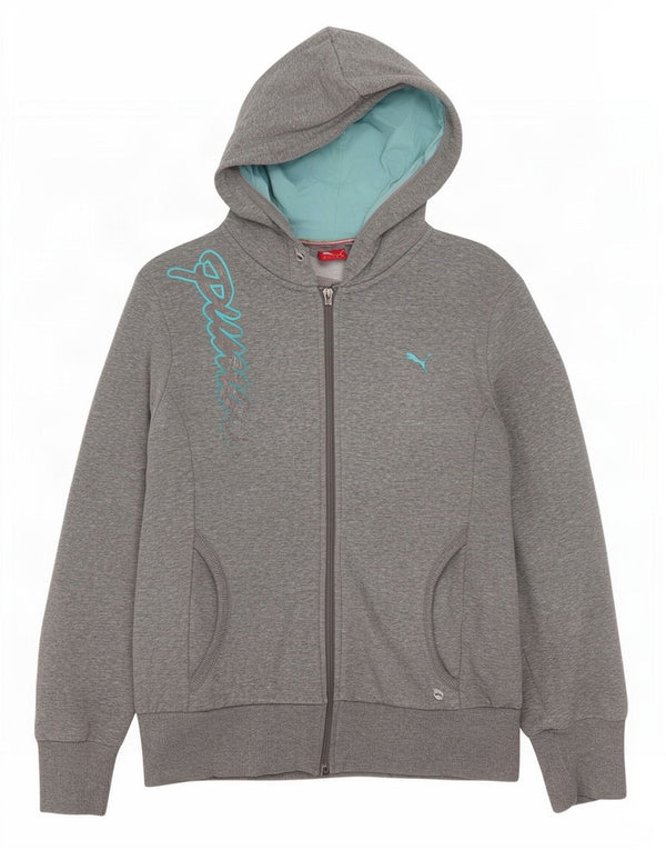 Suéter feminino Puma com capuz e zíper gráfico UK 16 grande algodão cinza