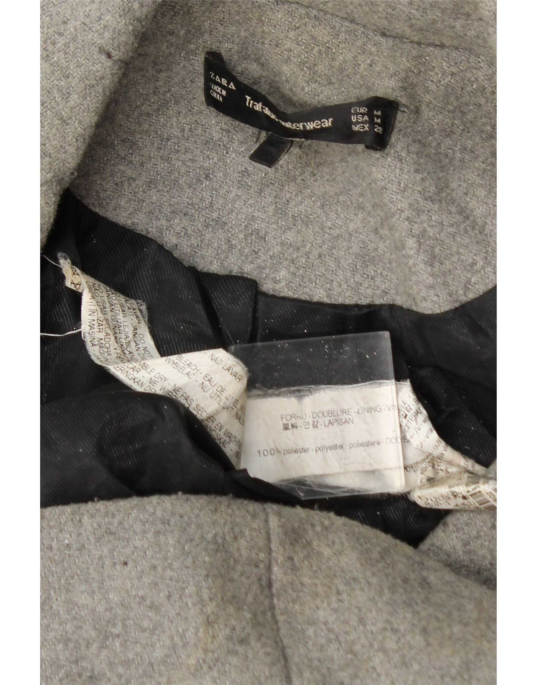 Casaco feminino Zara com peito duplo UK 14 poliéster cinza médio