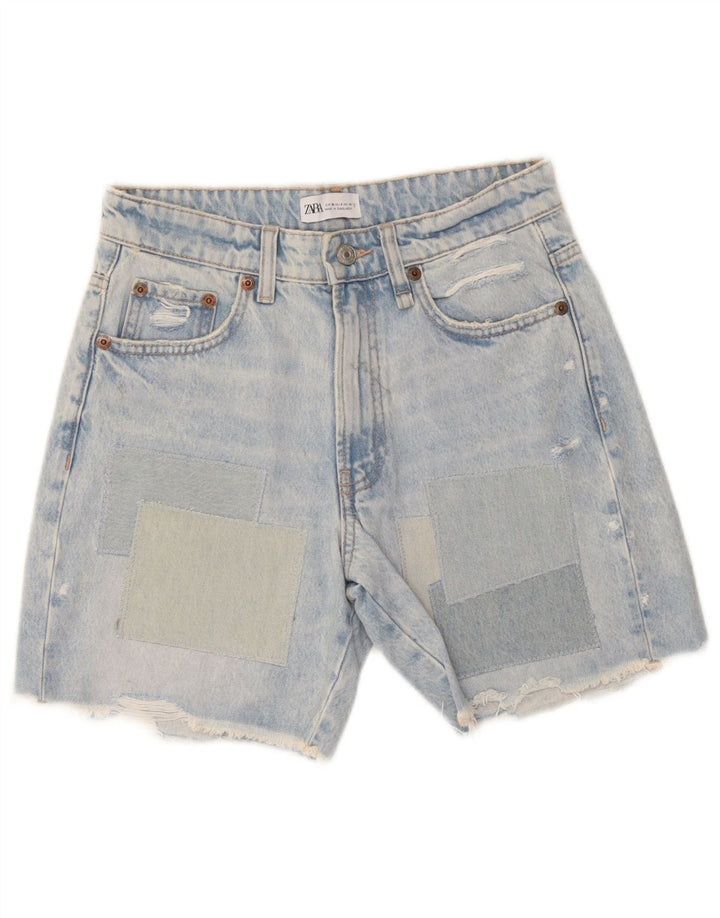 Zara Shorts jeans feminino desgastado UE 36 XS W26 azul patchwork algodão