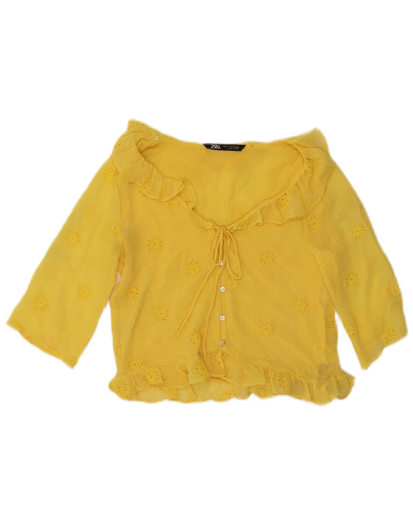 Zara Womens Crop 3/4 Sleeve Shirt Blouse UK 10 Small Yellow