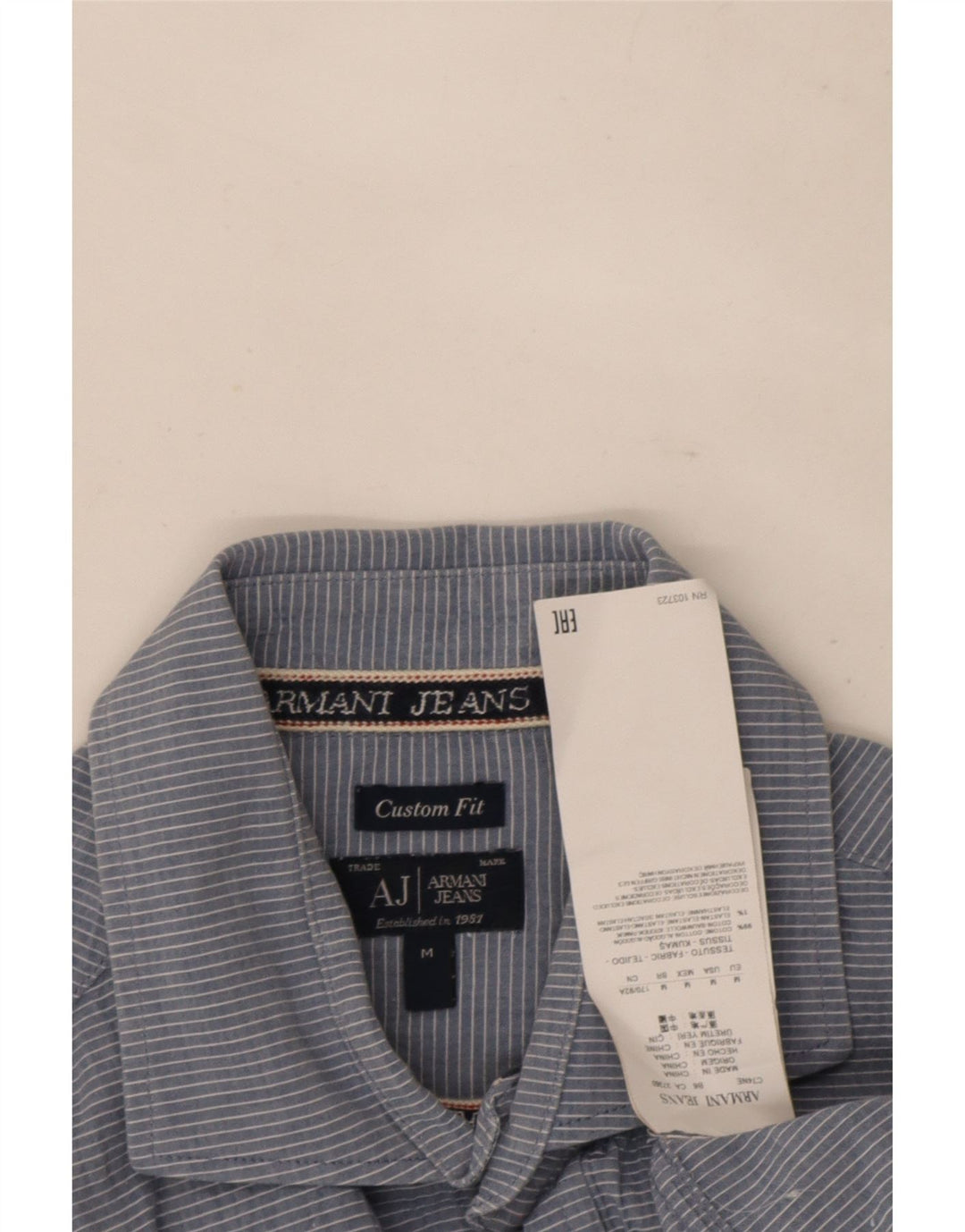 Camisa masculina Armani Jeans Custom Fit de algodão listrado azul médio