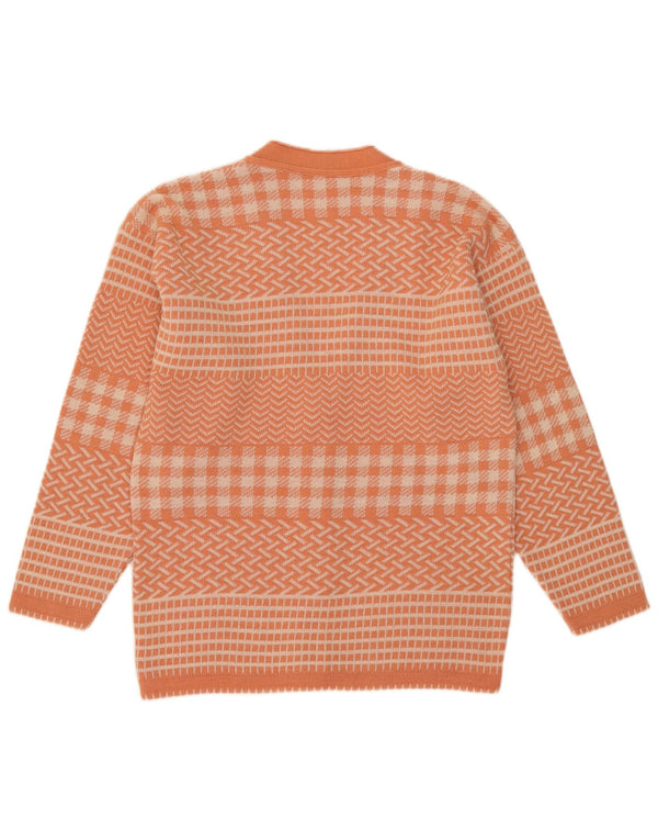 Suéter cardigã feminino vintage Reino Unido 14 acrílico geométrico laranja médio