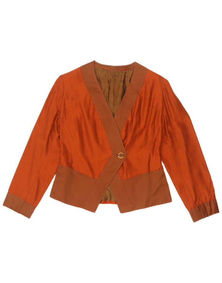 Jaqueta blazer vintage feminina colheita 1 botão Reino Unido 10 pequeno bloco colorido laranja