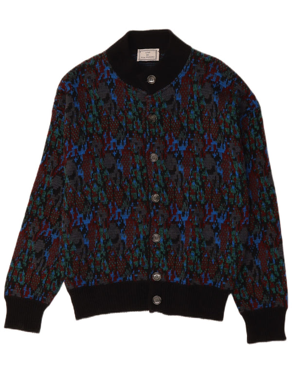 Suéter cardigã vintage masculino com padrão abstrato de lã multicolorida média
