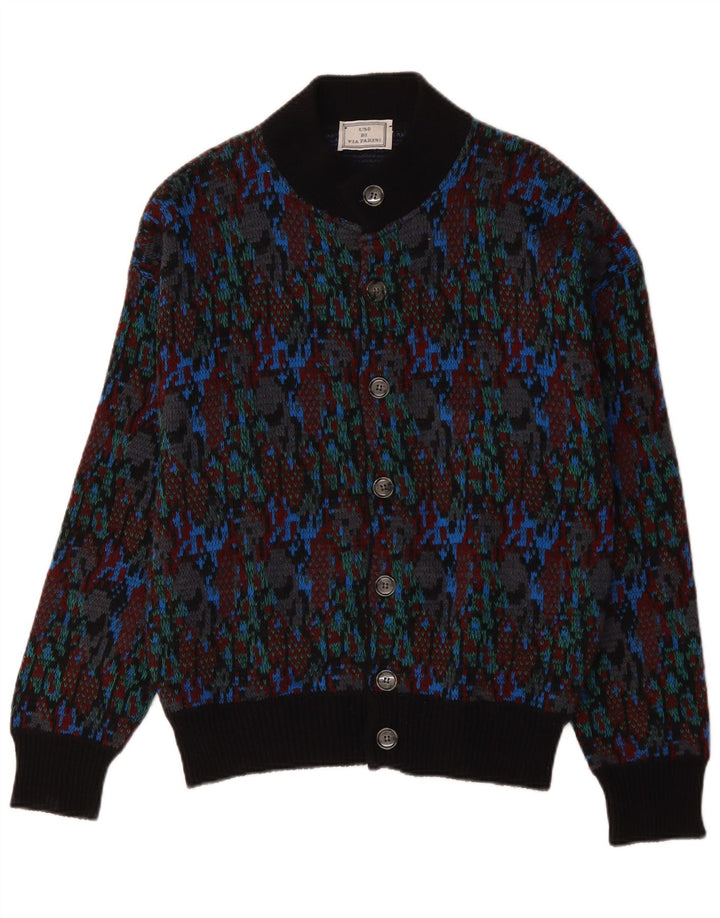 Suéter cardigã vintage masculino com padrão abstrato de lã multicolorida média
