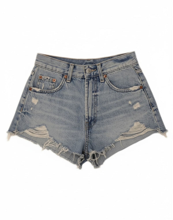 Zara Shorts jeans feminino de cintura alta desgastado UE 32 2XS W22 algodão azul