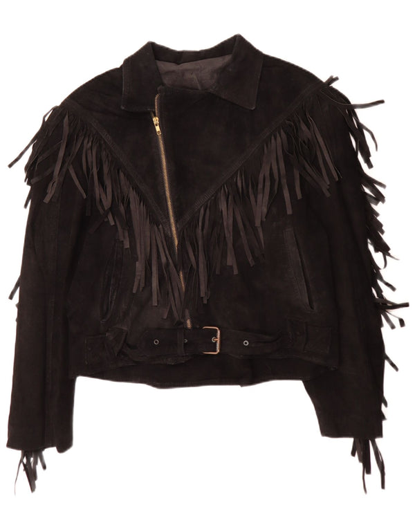 Jaqueta feminina vintage de camurça IT 50 XL cowboy de couro preto
