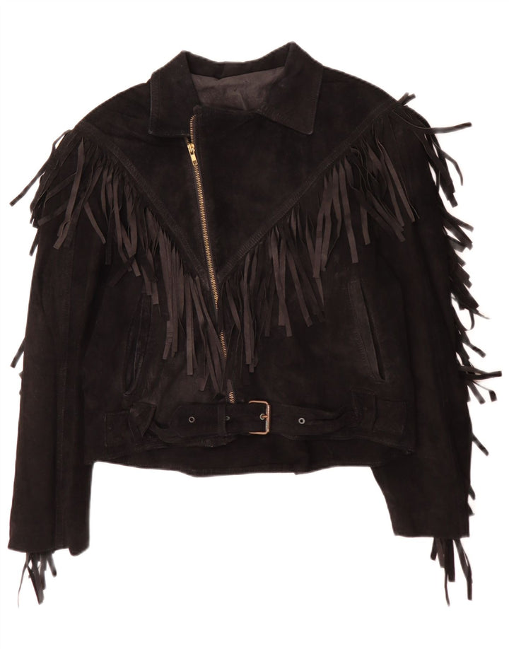 Jaqueta feminina vintage de camurça IT 50 XL cowboy de couro preto