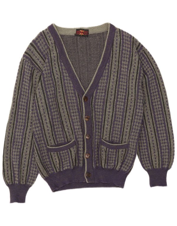 Suéter cardigã masculino vintage IT 50 lã listrada roxa média