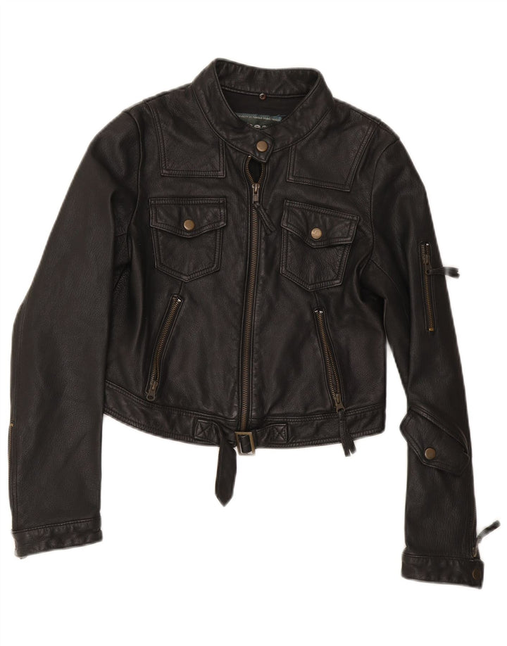 Jaqueta de couro vintage feminina para motociclista UK 12 média preta