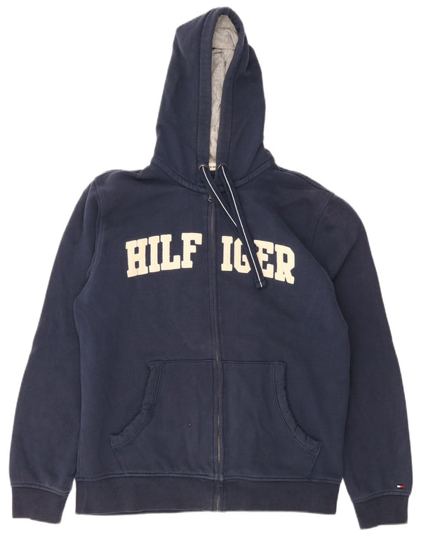 Tommy Hilfiger Suéter masculino com capuz e zíper gráfico grande algodão azul marinho
