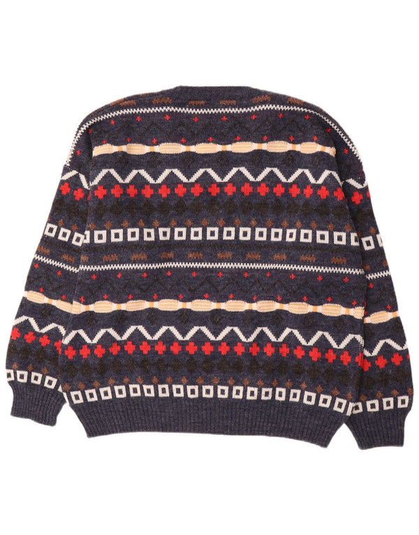 Suéter masculino vintage com decote em V XL azul marinho de lã geométrica