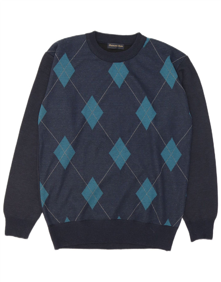 Suéter vintage masculino com gola redonda grande azul marinho argyle/lã diamante
