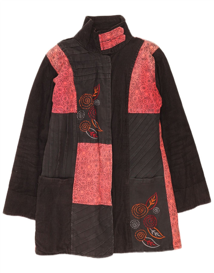 Sobretudo feminino vintage UK 12 médio preto patchwork algodão