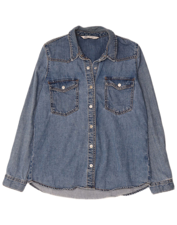 Camisa jeans feminina Zara Reino Unido 14 algodão azul médio