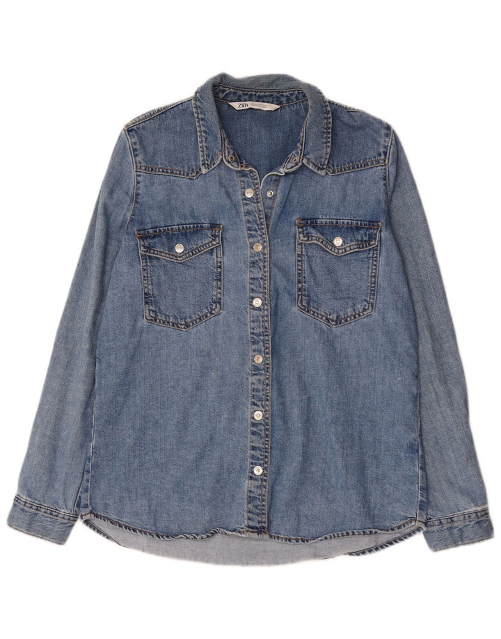 Camisa jeans feminina Zara Reino Unido 14 algodão azul médio