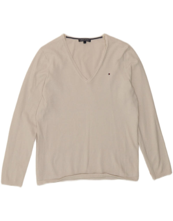 Suéter feminino Tommy Hilfiger com decote em V UK 14 médio branco