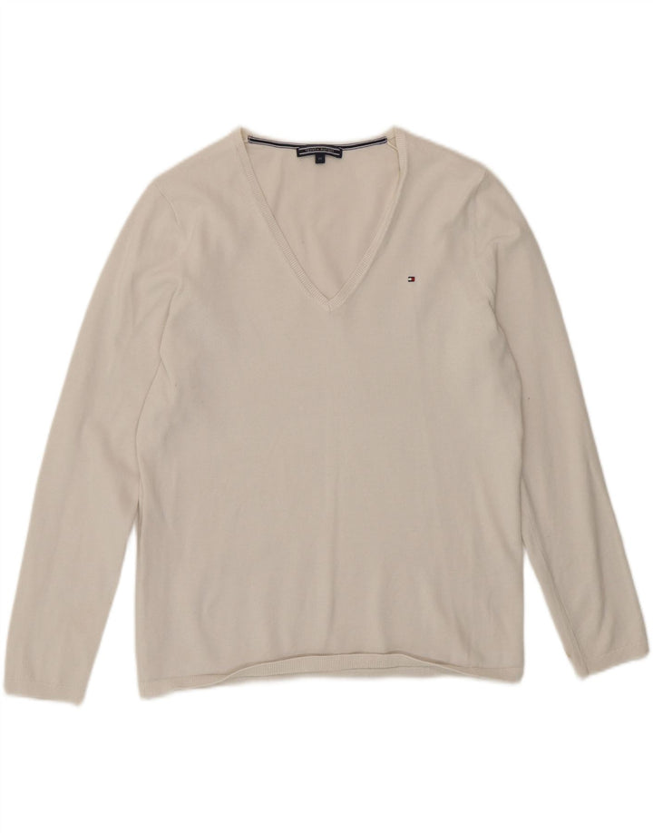 Suéter feminino Tommy Hilfiger com decote em V UK 14 médio branco