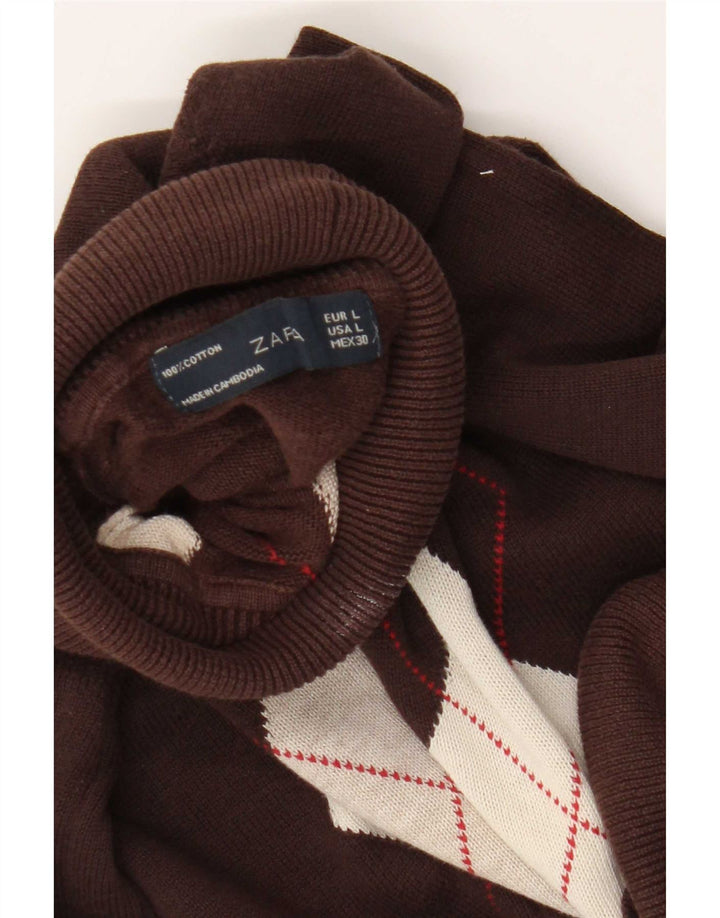 Suéter feminino Zara com gola redonda Reino Unido 14 grande marrom argyle/diamante