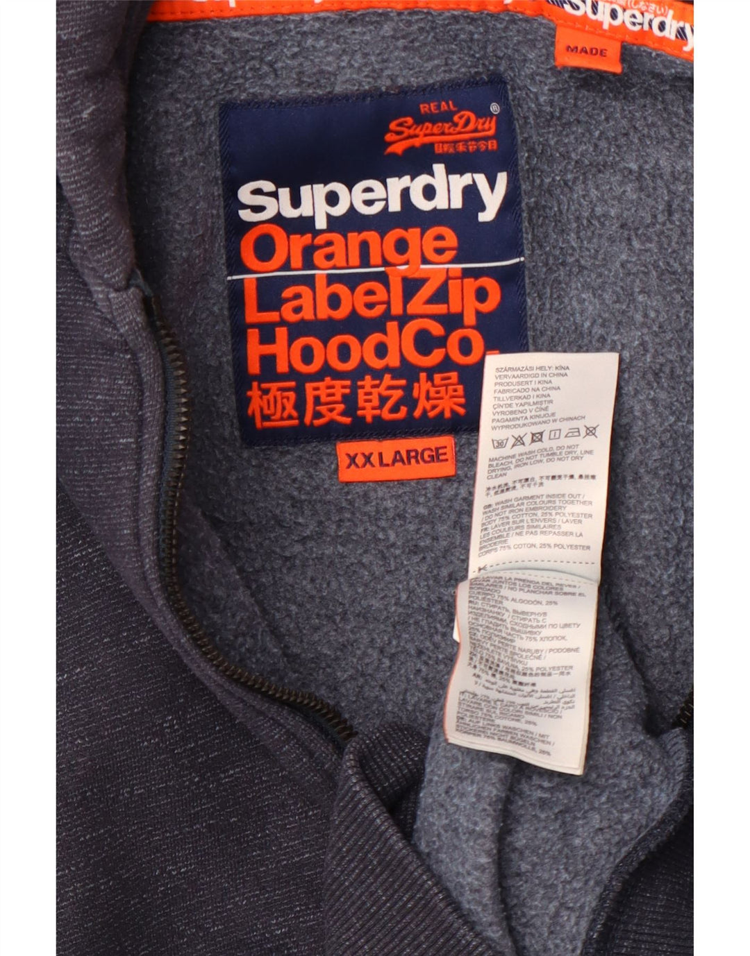 Suéter masculino SUPERDRY com capuz e zíper 2XL algodão manchado azul marinho
