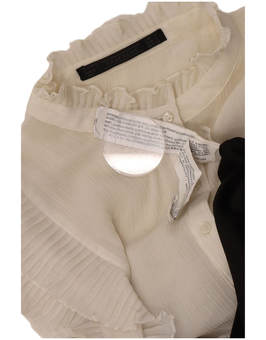 Vestido feminino Zara com babados na frente evasê UK 10 pequeno bloco colorido branco