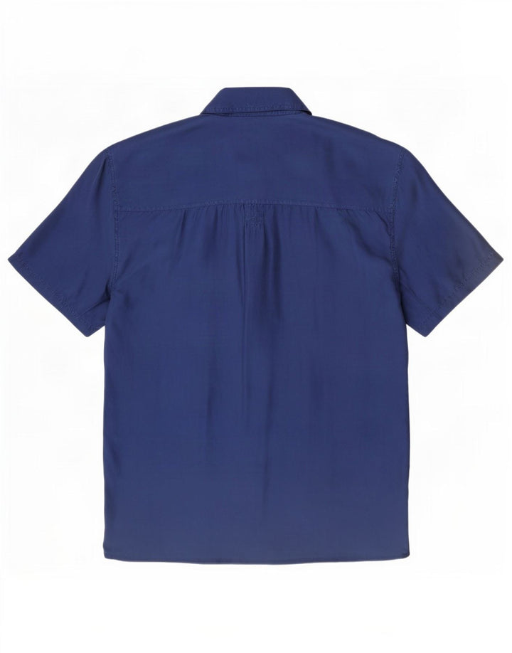 Camisa masculina vintage de manga curta média azul marinho seda