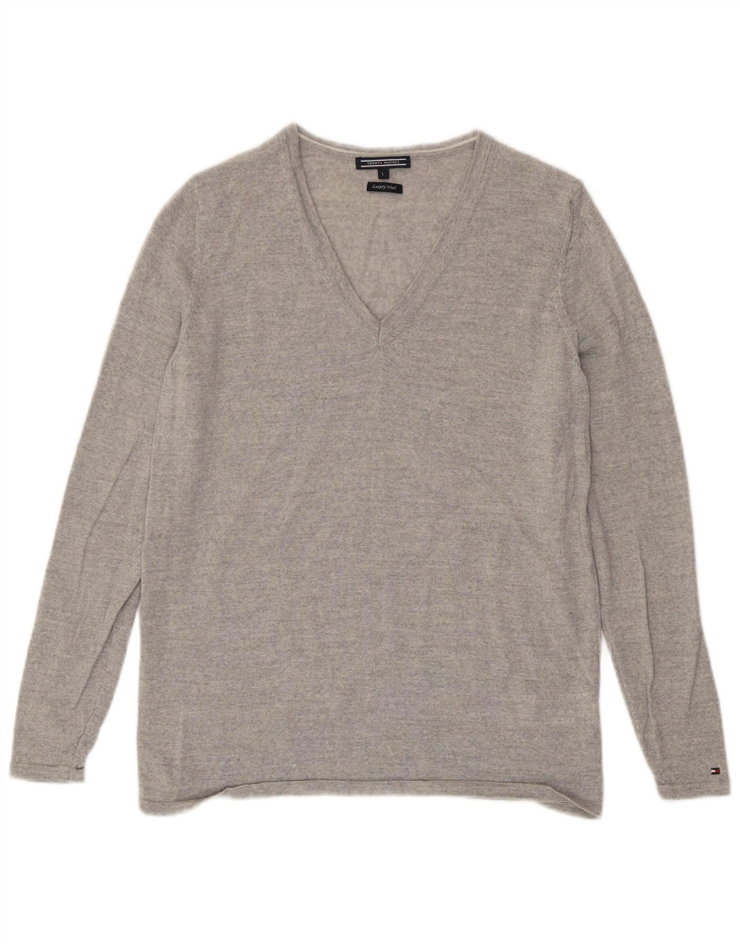 Suéter feminino Tommy Hilfiger com decote em V Reino Unido 14 grande lã cinza