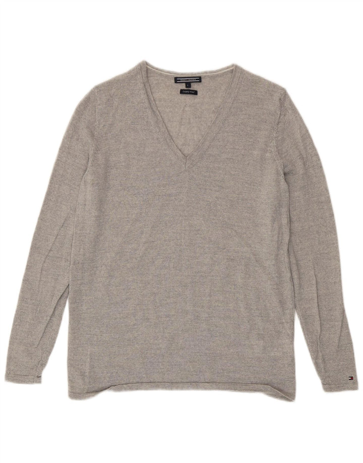 Suéter feminino Tommy Hilfiger com decote em V Reino Unido 14 grande lã cinza