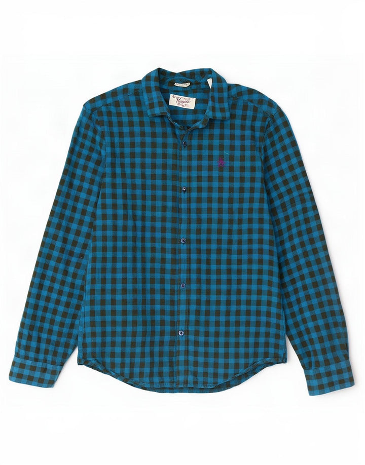 Camisa masculina de flanela Penguin Heritage Slim Fit azul médio algodão guingão