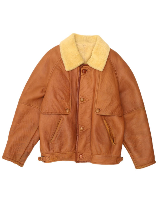 Jaqueta masculina vintage shearling IT 54 2XL couro marrom