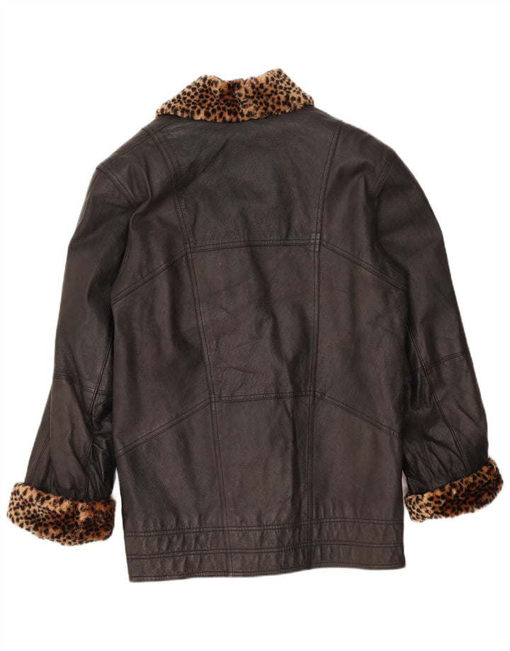 Casaco feminino de couro superdimensionado VINTAGE Reino Unido 10 pequeno preto com estampa animal