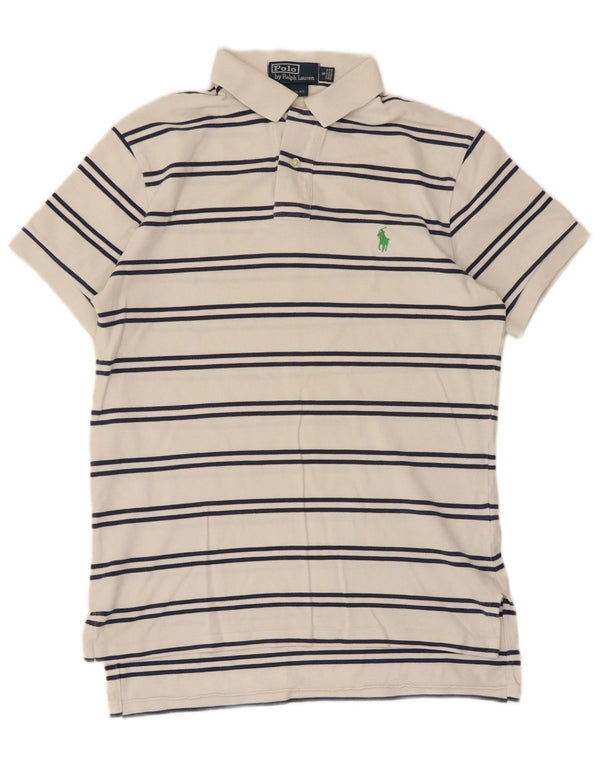 Polo Ralph Lauren Mens Custom Fit Camisa Polo Pequena Listrada Branca de Algodão