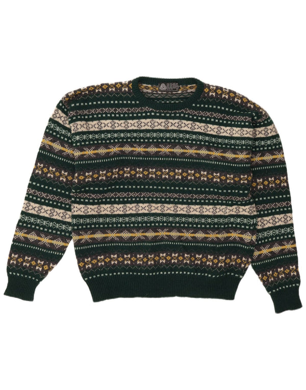 Suéter vintage masculino com gola redonda, lã virgem grande verde Fair Isle