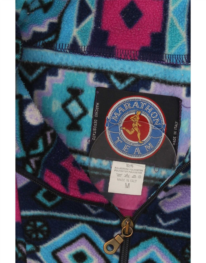 Vintage Mens Zip Neck Fleece Jumper Medium Multicoloured Geometric Winter