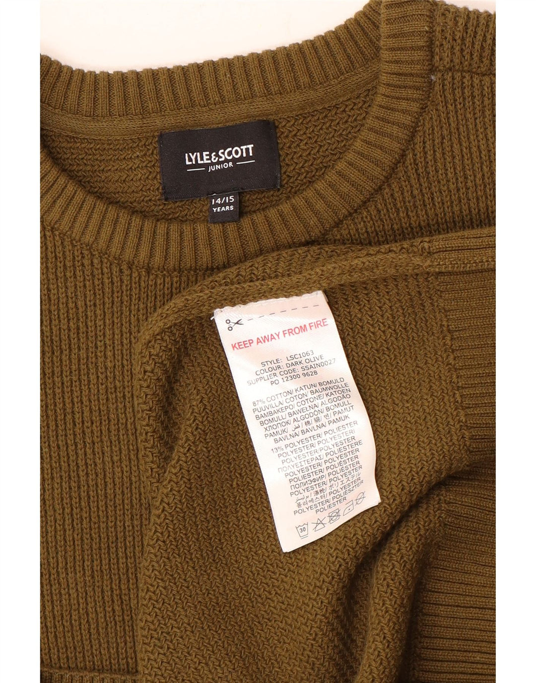 Lyle & Scott Suéter masculino com gola redonda, 14-15 anos, algodão cáqui