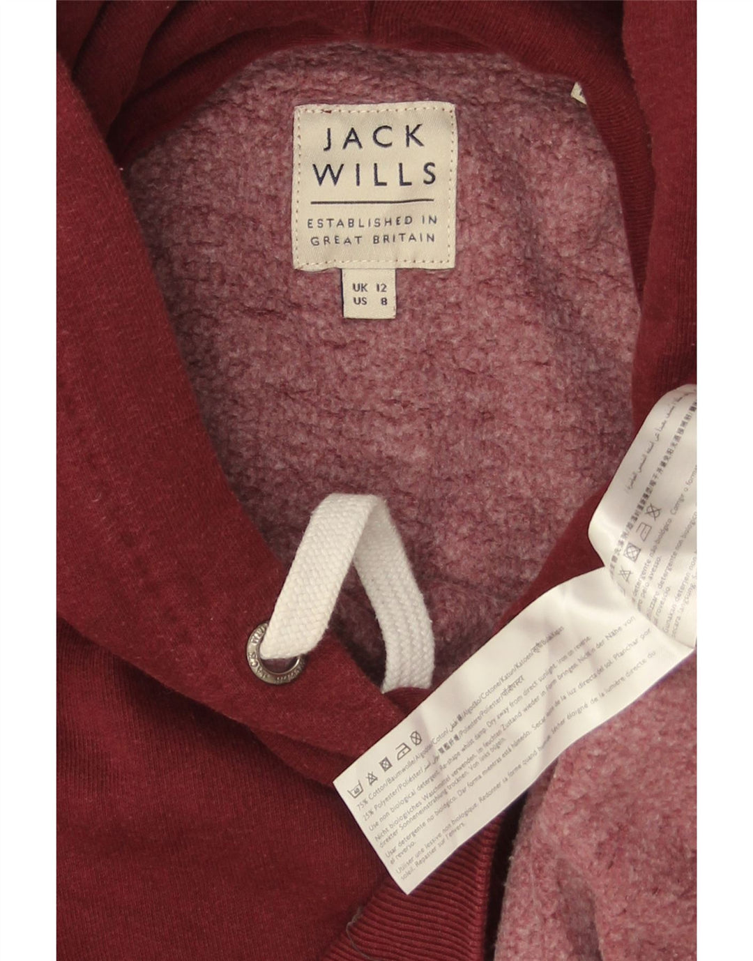 JACK WILLS Suéter feminino com capuz gráfico Reino Unido 12 algodão médio Borgonha