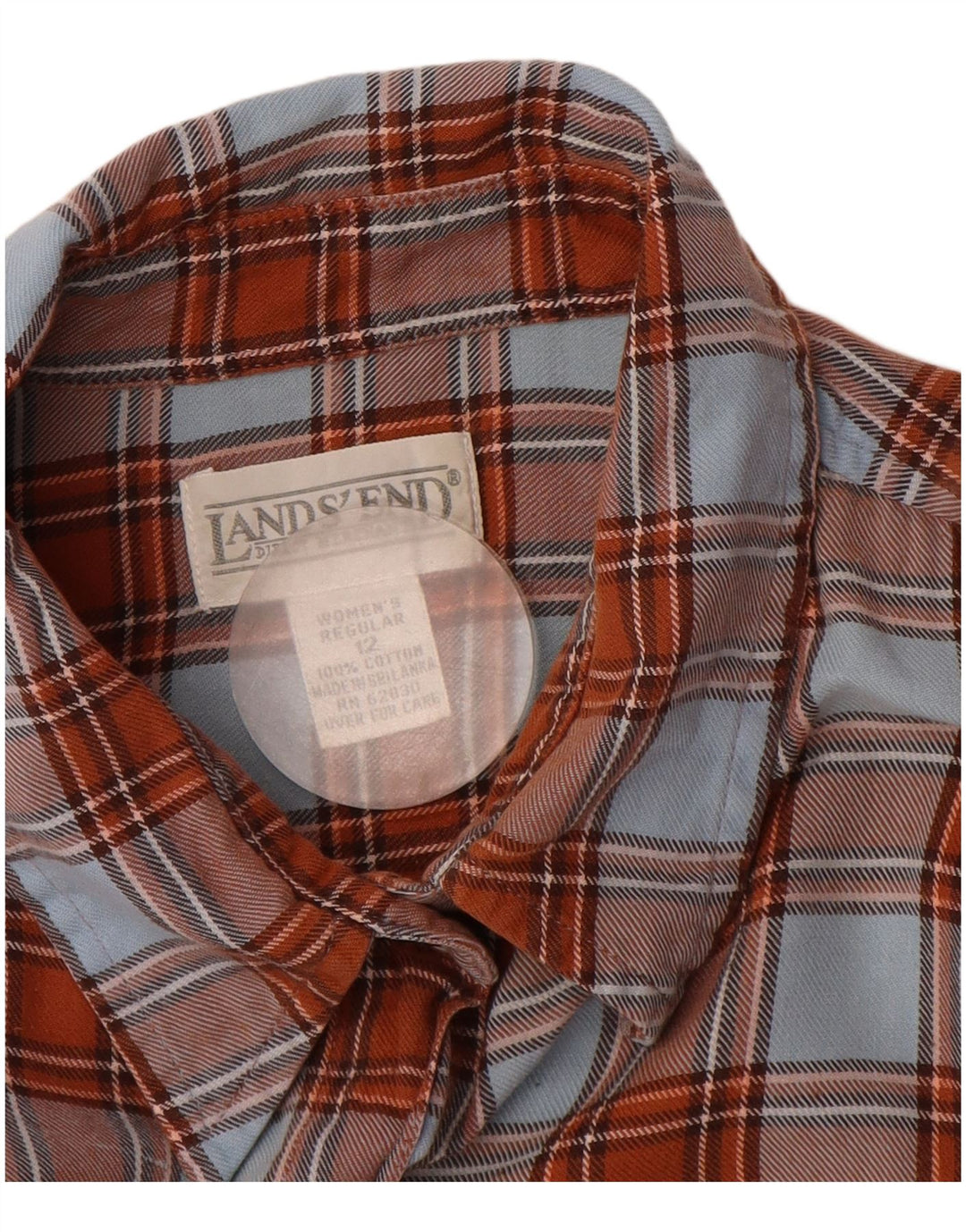 Camisa feminina de flanela Lands End EUA 12 grande algodão xadrez marrom