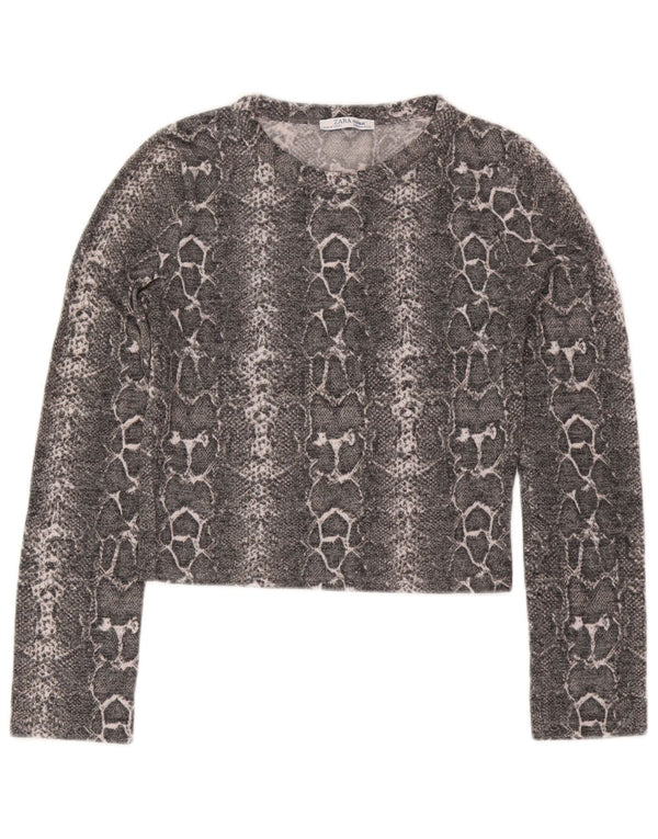 Zara Womens Trafaluc Crop Top Manga Longa UK 12 Cinza Médio Animal Print