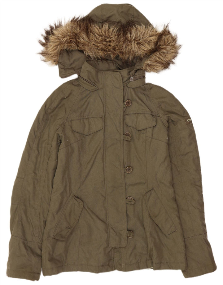 Jaqueta Parka Feminina Woolrich com Capuz Reino Unido 10 Pequeno Nylon Cáqui