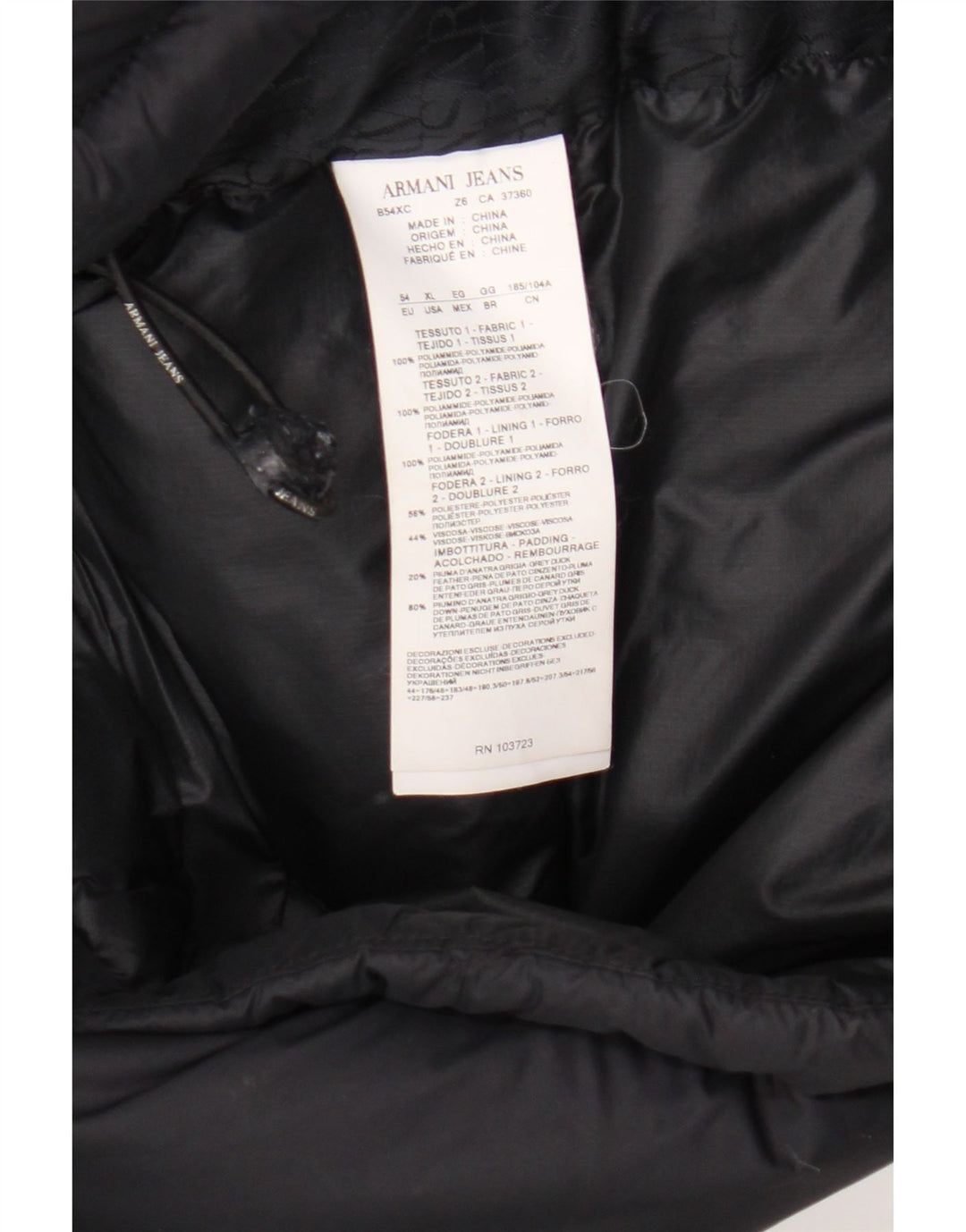 Jaqueta masculina acolchoada com capuz Armani Jeans EU 54 XL poliamida preta
